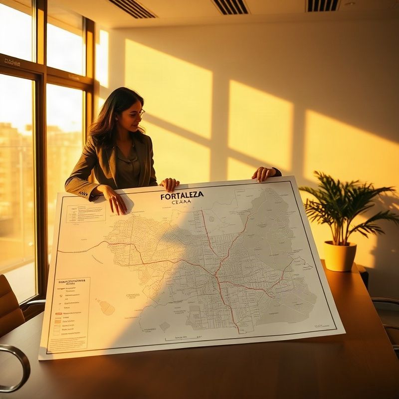Two professionals reviewing a printed site map of Fortaleza in a minimalist conference room
