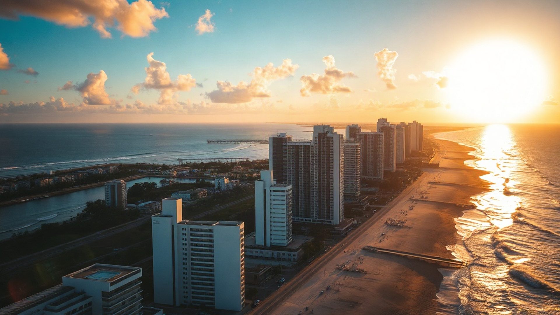 Aerial view of Fortaleza's Beira Mar coastline at golden hour